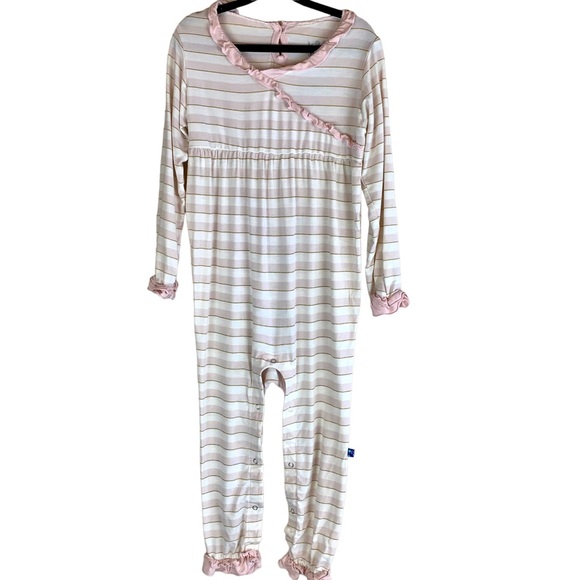 Kickee Pants Girls One Piece Bamboo Sleeper Pajamas Pink Striped Ruffle - Picture 1 of 10